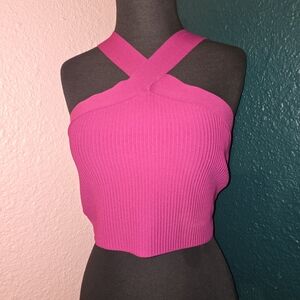 Pink Halter Ribbed Knit Top